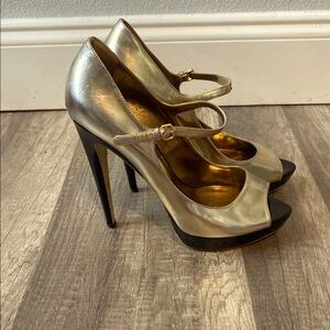 Miu Miu Platform Heels Gold Black Peep Toe